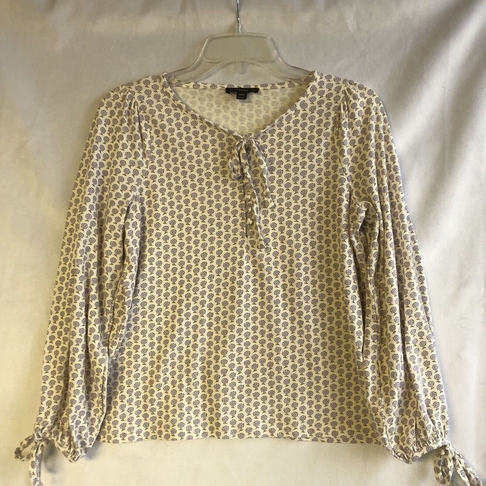 J.Crew Cream Peasant Blouse Purple Flowers Cottagecore Tied Gathered Sleeves XXS